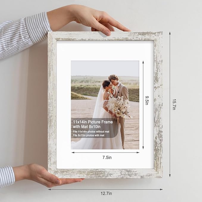 11x14 Picture Frame Set of 2, Made of Glass and Distressed White Wooden Frame, Display 8x10 Pictures with Mat or 11 x 14 Posters without Mat for Wall Mounting, Gallery Photo Frames