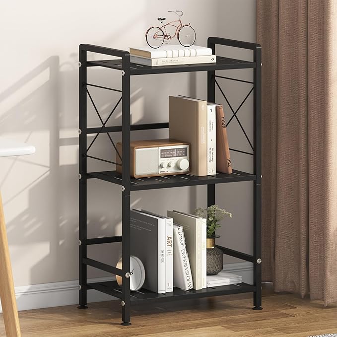 JSB 3 Tier Metal Bookshelf Bathroom Storage Standing Shelf Unit Kitchen Storage Organizer Display Rack Bookcases Shelves for Living Room, Bedroom, Office (Widen Black, 3 Tier)