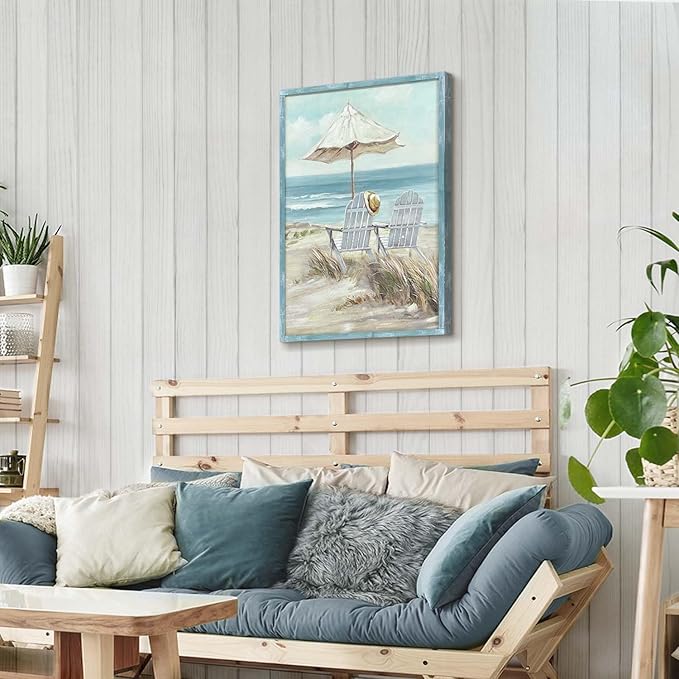 Rustic Coastal Framed Wall Art - Abstract Beach Chair Picture Ocean Painting Prints Calming Seascape Wooden Artwork Decor for Living Room