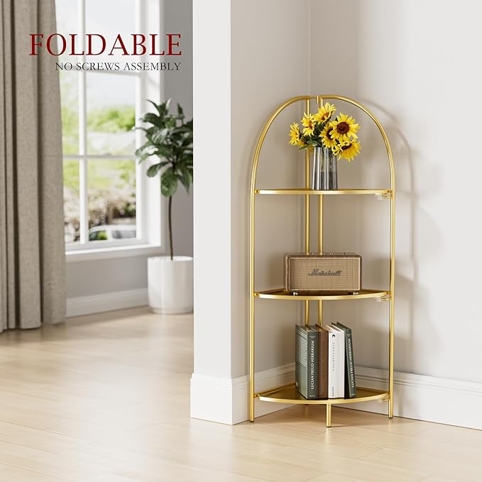 Crofy Foldable 3 Tier Corner Shelf, Metal Corner Plant Stand with Gold Frame and Gold Shelves, Corner Display Rack Multipurpose Shelving Unit for Living Room, Bedroom, Bathroom
