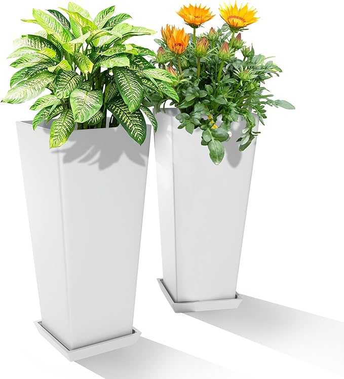 24-Inch Tall Planters Set of 2 for Outdoor and Indoor Use, Tapered Flower Pots with Drainage Tray, Front Porch and Patio Decor, Ideal for Large Plants – White
