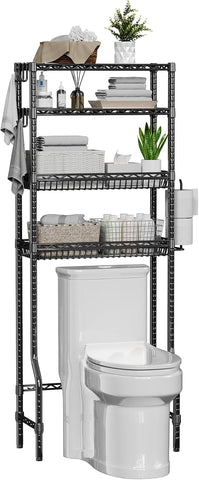 4-Tier Over The Toilet Storage, Bathroom Shelves with 6 Hooks, Metal Over Toilet Organizer with Adjustable Shelf and Basket, Freestanding Rack Space Saver for Bathroom, Laundry, Black