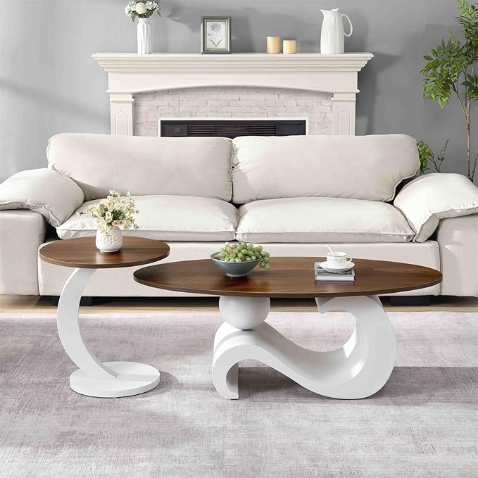 2 Piece Living Room Set, Modern Nest Coffee Table Set of 2, Wooden Brown Tabletop Oval Coffee and End Table Set with White Metal Geometric Base