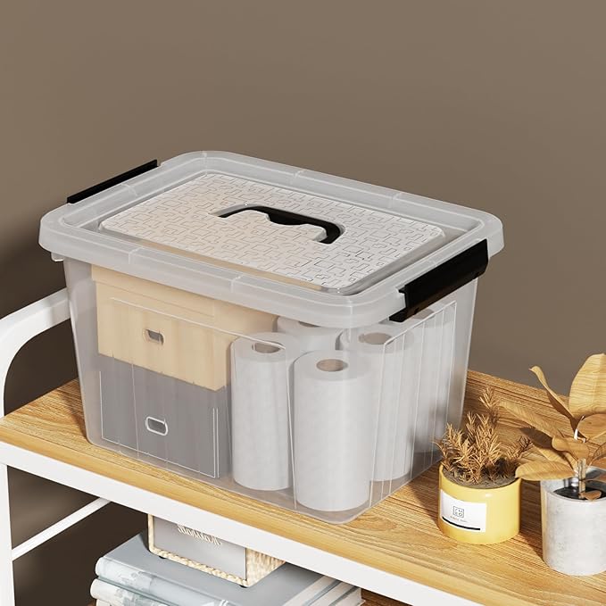22 L Clear Storage Box/Bins with Handles, Plastic Container with Latches Lid, 4 Pack