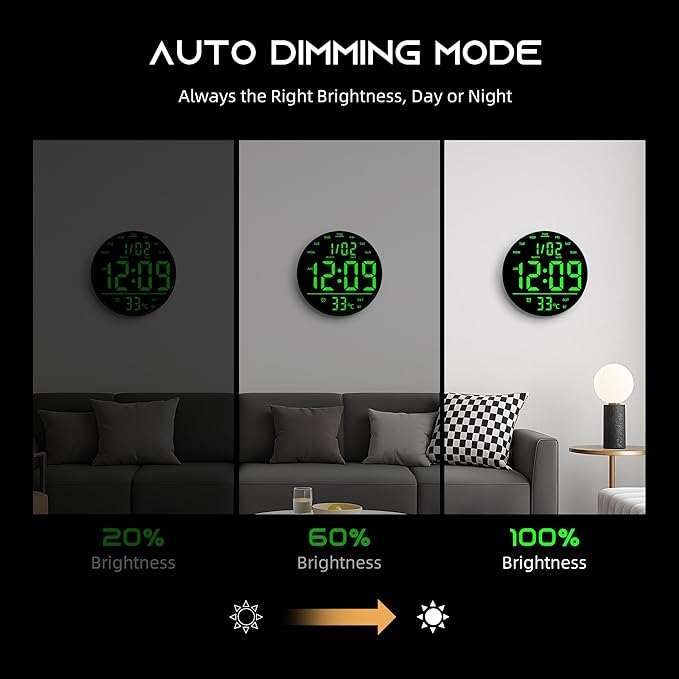 10" Large Digital Wall Clock with Remote Control, Music Sync RGB Atmosphere Light, Low-Reflectivity, Temperature, LED Display, Dual Alarms, BT Sync, Auto DST for Bedroom and Classroom