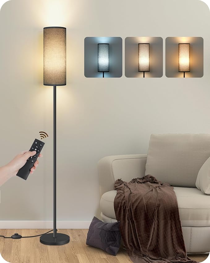 Dimmable Black Floor Lamp for Living Room with Remote and Foot Switch, Corner Floor Lamp for Bedroom, Modern Standing Tall Lamp, 10W 900LM Bulb Included, 3000K-6500K, Linen Shade, FCC Listed B06LD05W1