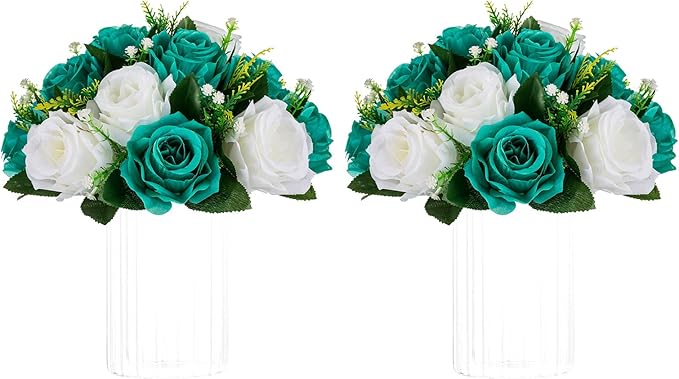 NUPTIO Flower Wedding Centrepieces for Tables - 2 Pcs 9.5in Diameter Teal & White Artificial Flowers Rose Ball for Centerpieces Table - Fake Rose Arrangements for Weddings Birthday Party Decorations