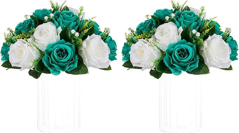 NUPTIO Flower Wedding Centrepieces for Tables - 2 Pcs 9.5in Diameter Teal & White Artificial Flowers Rose Ball for Centerpieces Table - Fake Rose Arrangements for Weddings Birthday Party Decorations