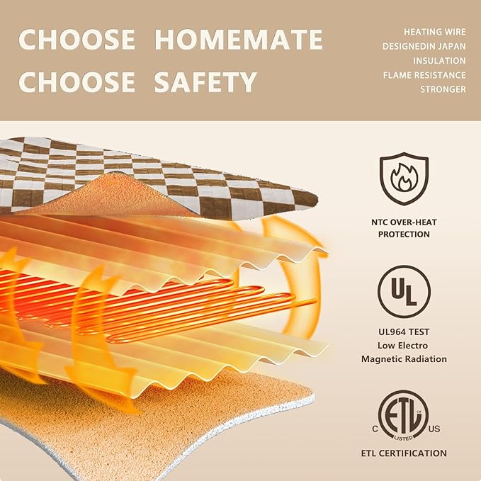 HomeMate Electric Blanket Heated Full Size - 72“x84“ Ultra Soft Cozy Flannel Heating Blanket with 10 Fast Heat Levels 8 Hours Auto Off Over-Heated Protection ETL Certification Keep Warm in Home Office