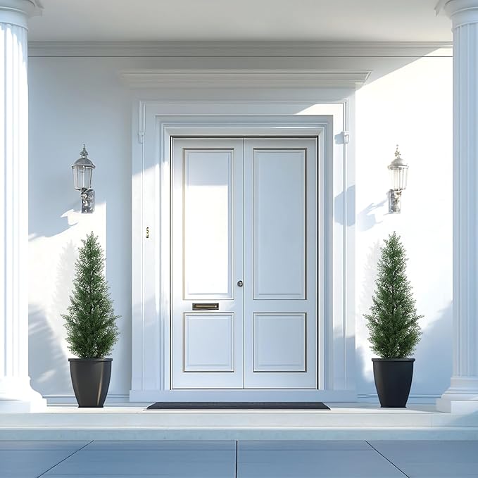 3FT Artificial Cedar Tree - Realistic Faux Cedar Trees for Outdoor Planters - Fake Cypress Trees for Front Porch - Faux Evergreen Plants for Home Porch Decor - Set of 2