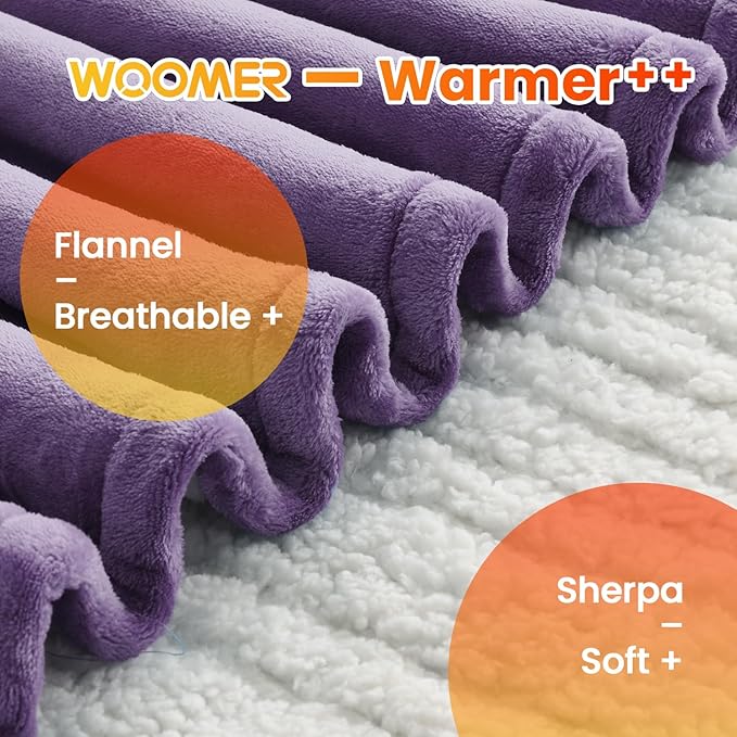 WOOMER Electric Heated Blanket King Size, Soft Flannel Fast Heating Blanket, Purple Color, 90"x 100", 10 Heating Levels & 0.5-12H Auto Off, Over-Heat Protection