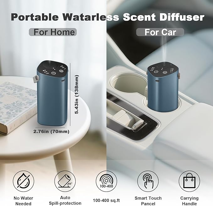 Waterless Essential Oil Diffuser for Car & Home，Aromatherapy Diffuser with 4 Timer（1/3/6/Off,3 Mist Mode,Battery Operated, Scent Air Diffuser for Bathroom Office, Small Aroma Diffuser Greyblue