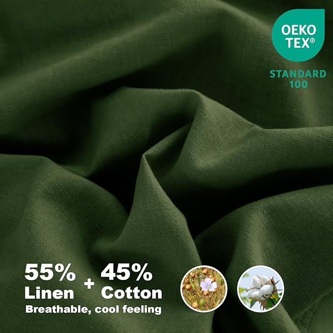 Talasily Linen Sheets-Queen Size Sheets Set,Blend from Linen Cotton Bedsheets,All Seasons Soft Breathable 4 Piece Set-Mossy Green