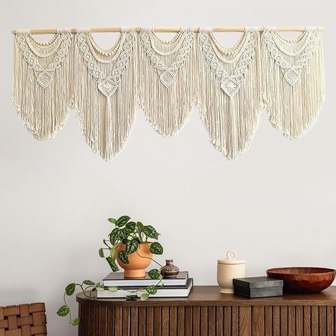 Extral Large macrame wall hanging, 71'' W x 32'' L boho wall art tapestry wall decor for urban entryway,living room,bedroom decor, headboard woven wall art, big fiber art over couch art for Yarn hallway (Wood Bead-B)
