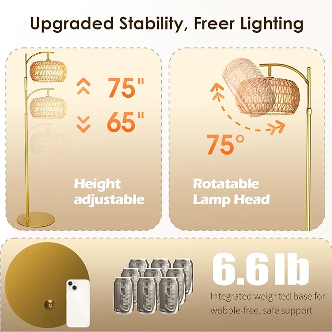 Gold Boho Rattan Floor Lamp w/Remote, Dimmable (2700K - 6000K), 2 - in - 1 Wicker & Fabric Shade, Adjustable 165-172cm for Living Room & Bedroom