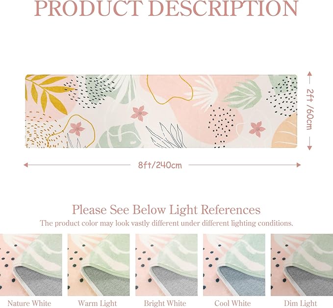 Lahome Washable Rug 2x8 - Hallway Kitchen Bathroom Carpet Runner, Lightweight Pink Botanical Print Laundry Non Slip Throw Rug, Bedroom Entryway 8ft