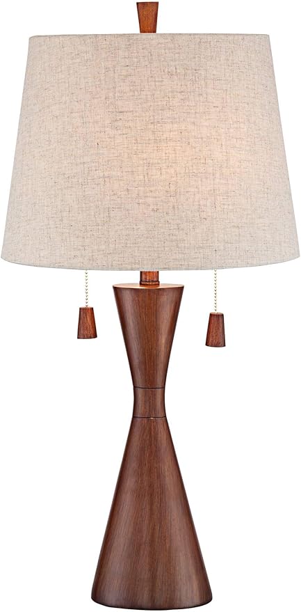 360 Lighting Omar Modern Table Lamp 28 3/4" Tall Warm Brown Wood Hourglass Oatmeal Fabric Tapered Drum Shade for Bedroom Living Room House Home Bedside Nightstand Office Entryway Kids Family