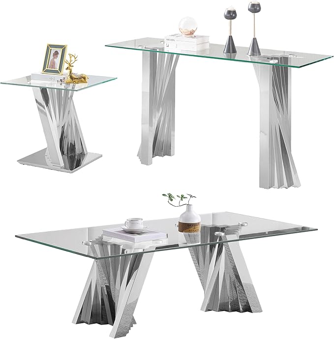 SSLine Glass 3 Piece Living Room Table Sets,3-Piece Table Set Includes 1 Glass Coffee Table and 1 Console Table and End Tables with Stainless Steel Frame,Modern Coffee Table Set of 3 for Living Room