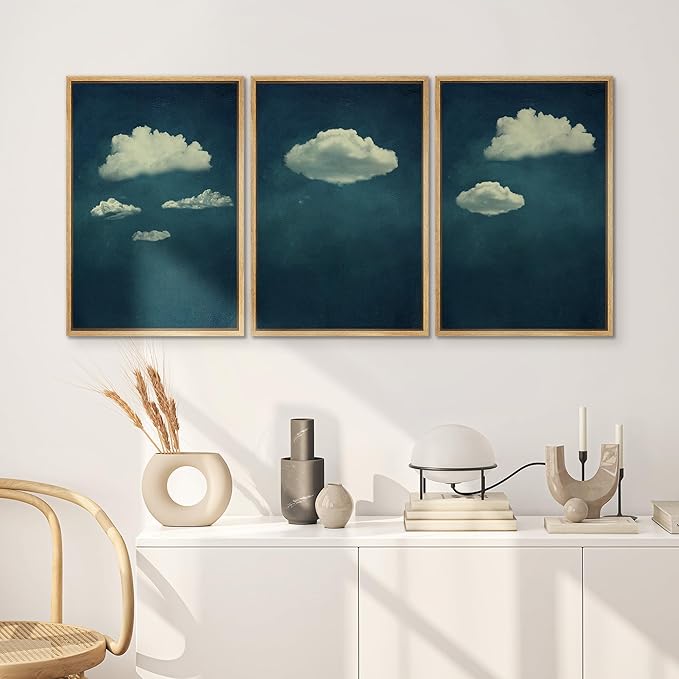 SIGNWIN 3 Piece Framed Canvas Wall Art A Series of White Clouds in The Blue Sky Nature Wilderness Illustrations Abstract Traditional Home Artwork for Living Room,Bedroom - 16"x24"x3 Natural