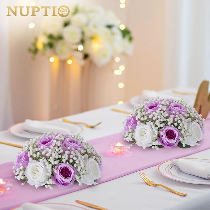 NUPTIO Babys Breath Artificial Flowers: 2 Pcs 8.6 inch Diameter Lilac Fake Rose Ball Arrangement Bouquet Centerpiece for Wedding Tables Event Party Decor