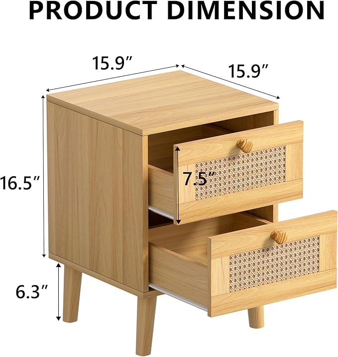 Rattan Nightstand,Boho and Wood Night Stand with Drawers,Bedside Rattan Table and Small nightstand,Natural Wood Nightstand for Bedroom,Oak (Oak)