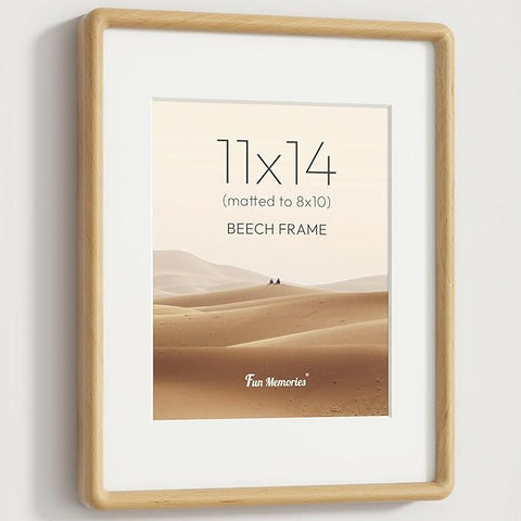 11x14 Picture Frame, Solid Beech Wood Frame with Real Glass, Hard Wood 11 by 14 Photo Frame for Wall & Tabletop Display, 11x14 Picture Frame Matted to 8x10, Natural Beech Color