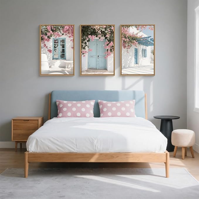 HOURIA Greek Island Street Framed Canvas Wall Art Set,Santorini Blue Doors Shutters Wall Decor,Coastal White House Pink Flower Artwork,European Cityscape Art Prints for Living Room, Bedroom-24 x36 x3