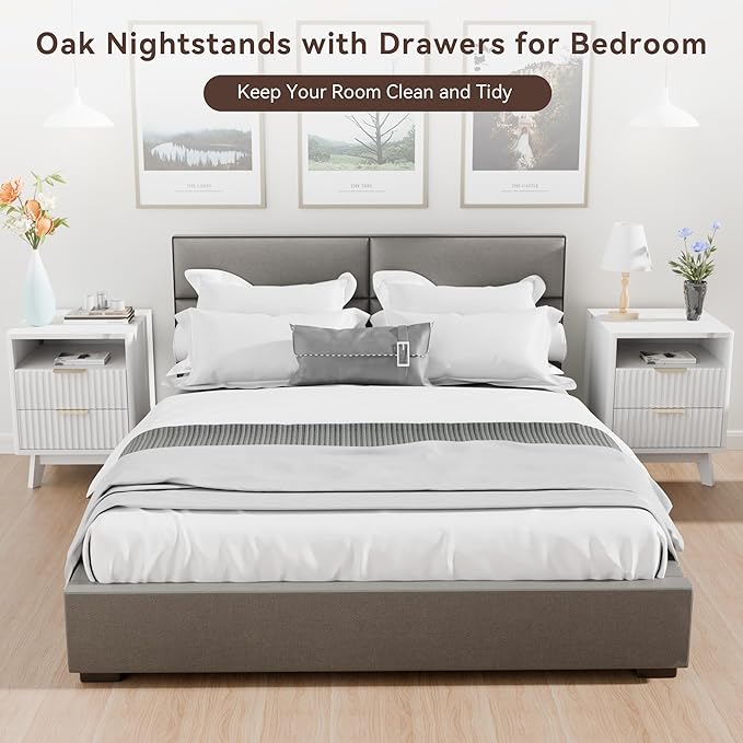 Fluted White Nightstand with 2 Drawers, 18" Modern Bed Night Stand with Faux Marble Top, Open Storage Shelf, Curved Edge Bedside Table for Bedroom, Living Room End Side Table