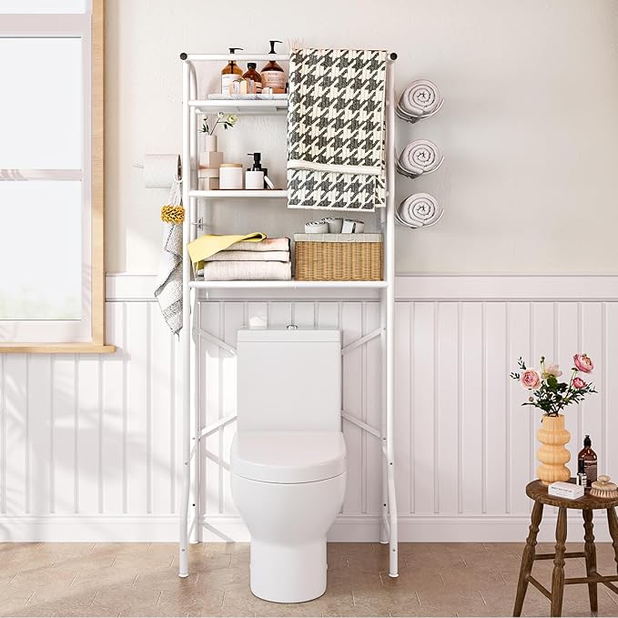 Over The Toilet Storage Metal 3 Tier Bathroom Organizer Shelf with Paper Holder Easy to Assemble & Space Saving (White)