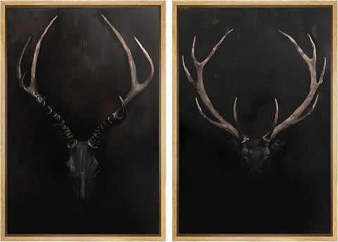SIGNWIN Framed Canvas Print Wall Art Rustic Antler Skull Dark Dramatic Black Vintage-Inspired Deer and Elk Antlers Illustrations Decorative for Living Room, Bedroom, Office - 24"x36"x2 Natural