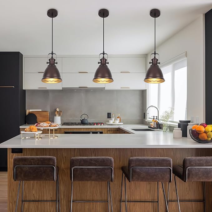 Brown Pendant Lights Kitchen Island 3 Pack, Vintage Pendant Light, 6.5’’ Farmhouse Light Fixtures, Adjustable Height, Pendant Lighting for Dining Room, Living Room, Sink, Bar