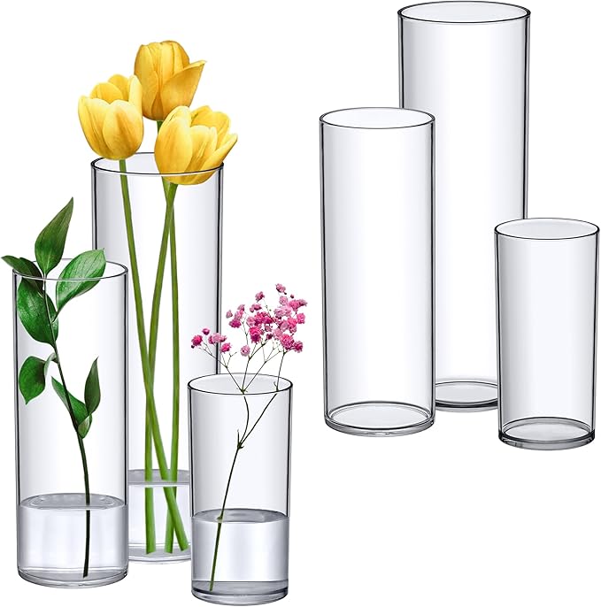 Amazing Abby - Viola Magra - Plastic Cylinder Vases (6-Piece Set), Acrylic Flower Vases for Wedding Centerpieces, Home Decorations, Office Ornaments, Shatter-Proof, 6" + 9" + 12" (H) (Not Glass)