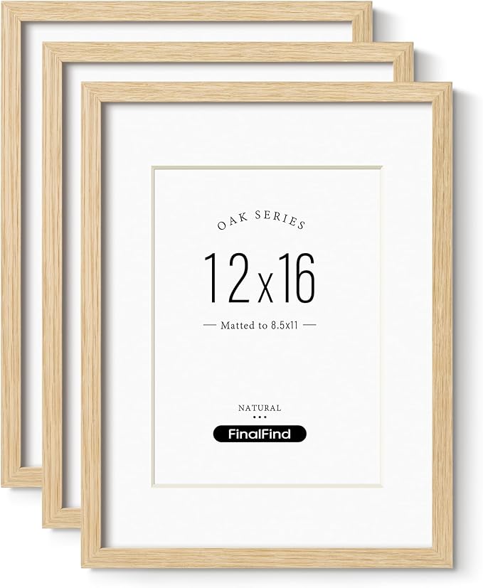 12x16 Frame with Mat for 8.5x11 Set of 3, Natural Solid Oak Wood 12x16 Picture Frame, Lightweight for Wall Mounting(3 Pack,Oak)