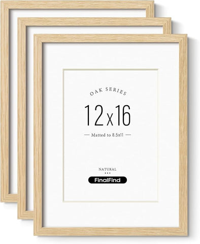 12x16 Frame with Mat for 8.5x11 Set of 3, Natural Solid Oak Wood 12x16 Picture Frame, Lightweight for Wall Mounting(3 Pack,Oak)