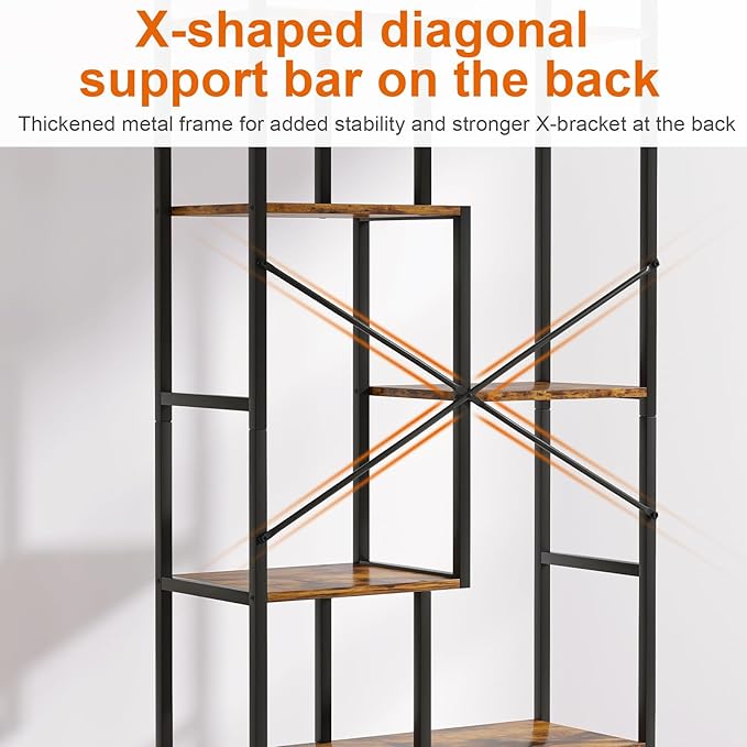 Book Shelf, 5 Tier Bookcase, Tall Bookshelf Modern Book Case for Books, Ornament, Free Standing Storage Organizer for Bedroom Home Office Kitchen Living Room (Rust Brown, 6-Tier)