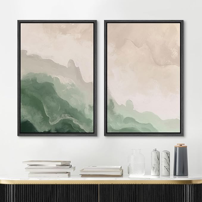 MUDECOR Framed Canvas Print Wall Art Soft Green and Beige Abstract Calming Watercolor Landscape Illustrations Modern Art Decorative Bohemian Chic for Living Room, Bedroom, Office - 16"x24"x2 Black
