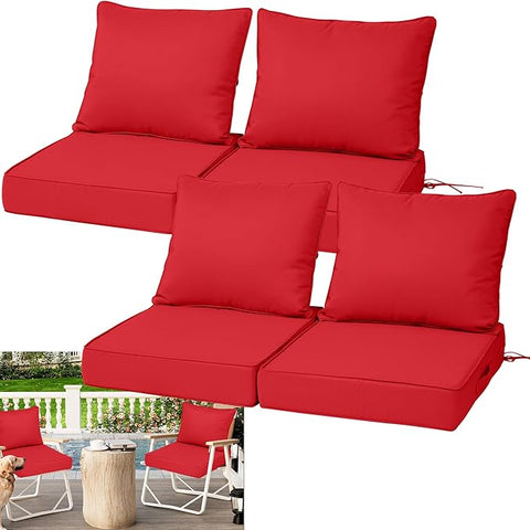 Waterproof Outdoor Chair Cushion Set of 4, 24x24x5 IN Deep Seat Patio Cushions with Fade Resistant Removable Cover,Outdoor Cushions for Patio Furniture with Ties&Handle for Chair Sofa Couch,Red