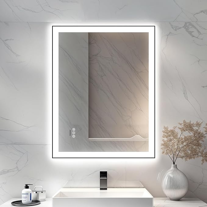 28x36'' LED Bathroom Mirror w/Light, Aluminum Frame, Dimmable Front & Backlit, Anti-Fog, Distortion Free, Light Memory, Tempered & Shatter-Proof Wall Mounted Vanity Silver Coating Mirror