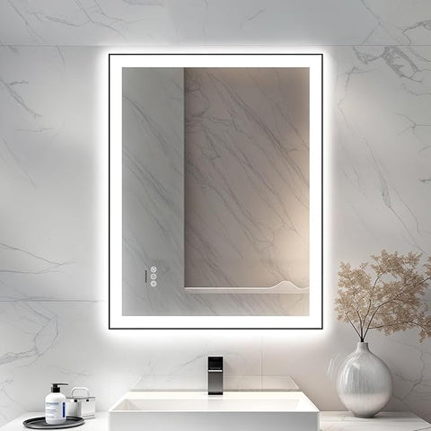 28x36'' LED Bathroom Mirror w/Light, Aluminum Frame, Dimmable Front & Backlit, Anti-Fog, Distortion Free, Light Memory, Tempered & Shatter-Proof Wall Mounted Vanity Silver Coating Mirror