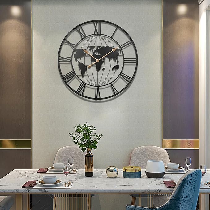 36 Inch Extra Large World Map Wall Clock,Metal Minimalist Modern Silent Non-Ticking Battery Operated Round Clock for Living Room, Bedroom, Office, Kitchen, Black Roman Numerals