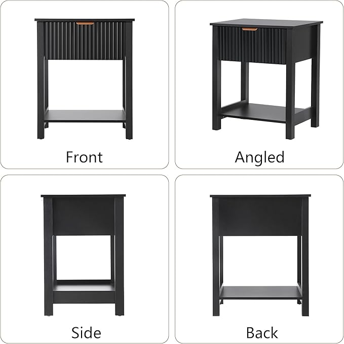 Modern Night Stand Set 2 with Drawer, Black Nightstand for Bedroom, Small End Table with Storage, Living Room/Bed Side Table with Drawer for Small Spaces, Fluted Nightstand Set of 2