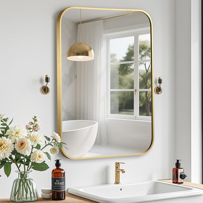 Gold Bathroom Mirror, 24x32 Inch Aluminum Frame Rectangle Mirror, Anti-Rust, Tempered Glass, Wall Mirror for Over Sink, Vanity, Bedroom, Entryway, Horizontal/Vertical