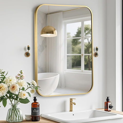 Gold Bathroom Mirror, 30x36 Inch Aluminum Frame Rectangle Mirror, Anti-Rust, Tempered Glass, Wall Mirror for Over Sink, Vanity, Bedroom, Entryway, Horizontal/Vertical
