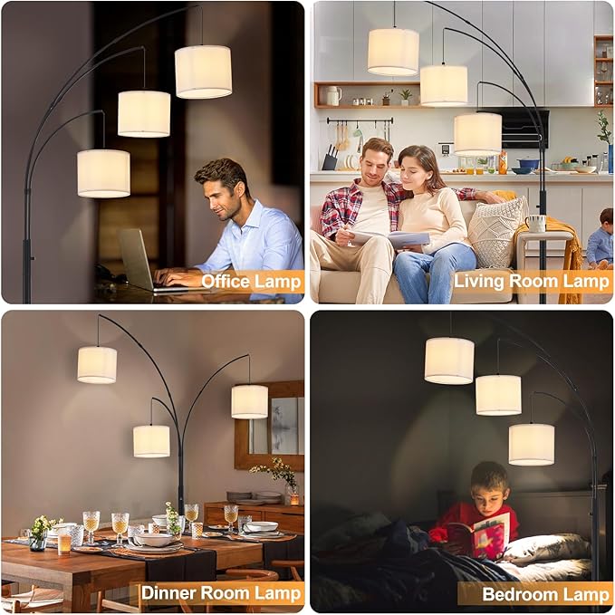 DLLT Modern Floor Lamp for Room: 3-Light Black Tree Dimmable Floor Lamps with White Shades for Living Room - Arc Standing Lamp for Bedroom - Tall Floor Lamp for Office Corner 3 LED Bulbs Included