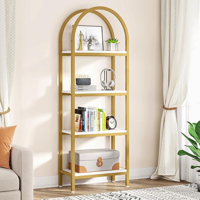 Tribesigns 4-Tier Open Bookshelf, 70.8" Modern Wood Bookcase Storage Shelves with Metal Frame, Freestanding Display Rack Tall Shelving Unit for Office, Bedroom, Living Room (White & Gold, 1PC)