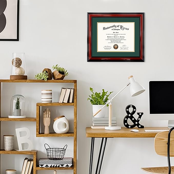 11x14 Diploma Degree Frame with Green Mat or Display 15x18 Certificates without Mat,Solid Wood,Cherry Finish with Intricate Black Rope Detail,UV Protection Acrylic