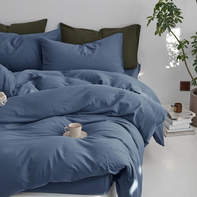 MooMee Super Queen Duvet Cover Set, 100% Washed Cotton Linen Twill Thick Sturdy Material Super Soft Breathable Durable Bedding for All Season, 3 Pieces (Blue, Super Queen 90"x98")