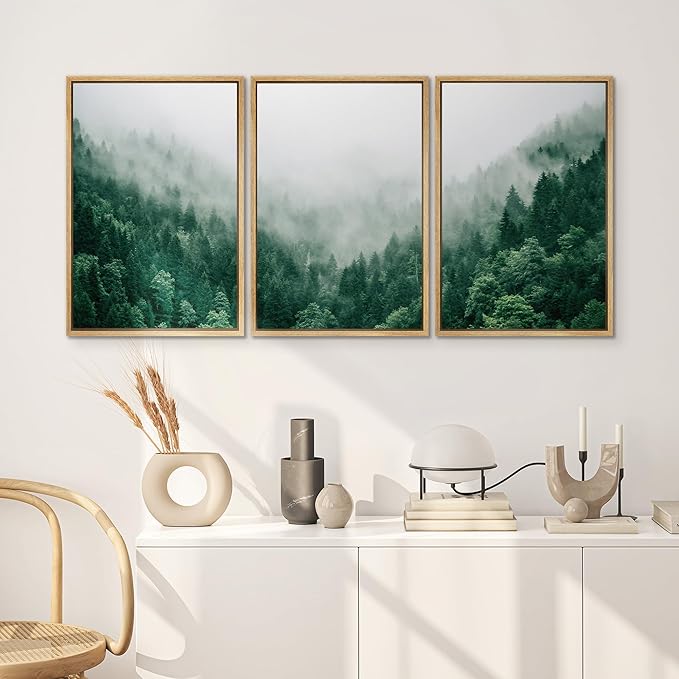 SIGNWIN Framed Canvas Print Wall Art Set Fog & Mist Mountain Forest Valley Nature Wilderness Photography Modern Art Rustic Landscape for Living Room, Bedroom, Office - 24"x36"x3 Natural