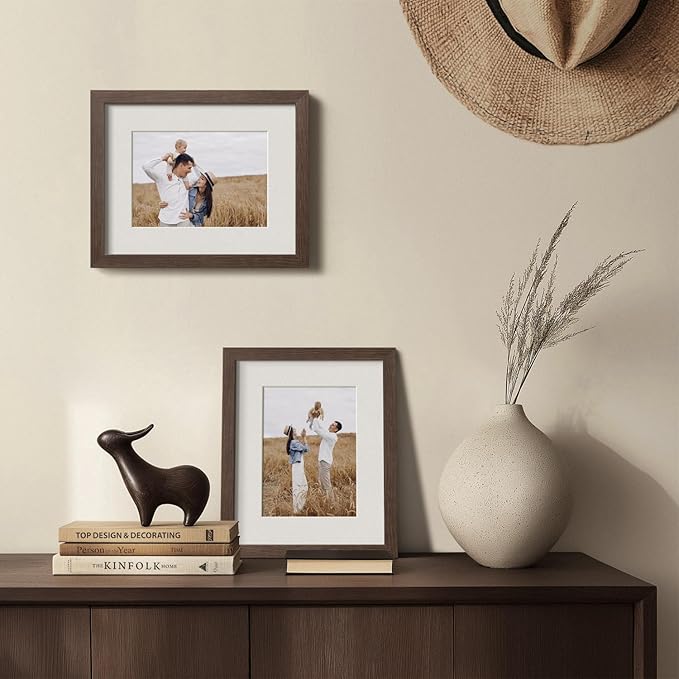 Yaetm 8x10 Picture Frame with Mat for 5x7 – Brown Walnut, Rustic Solid Wood Frame 8 x 10 with Tempered Glass for Art Print & Picture, Display on Tabletop & Wall (Single, Walnut)
