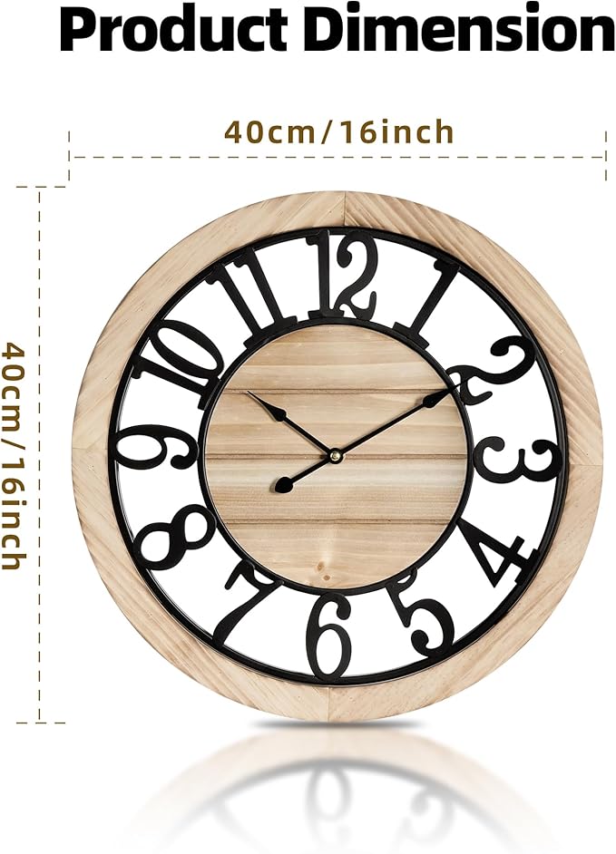 Maxstar 16'' Wall Clock for Living Room Decor, Ultra-Silent Rustic Wooden Farmhouse Wall Clock with Metal & Real Wood Frame, Battery Operated, for Kitchen Bedroom Office, Arabic Numerals